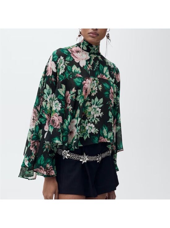 Mango Tops - Mango Floral Blouse - Black and Green